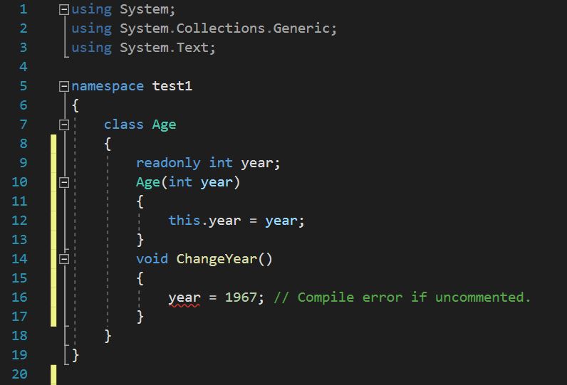 ตัวอย่างโค้ดการใช้ตัวเปลี่ยนแปลงเพิ่มขยายลักษณะ readonly กับสมาชิกแบบฟิลด์